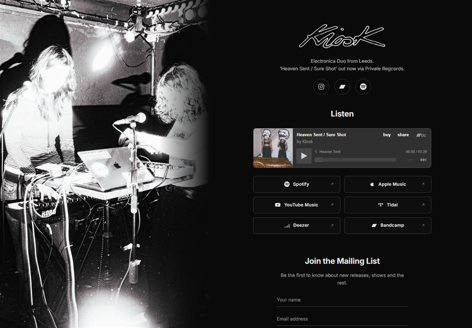Screenshot of the Kiosk band website